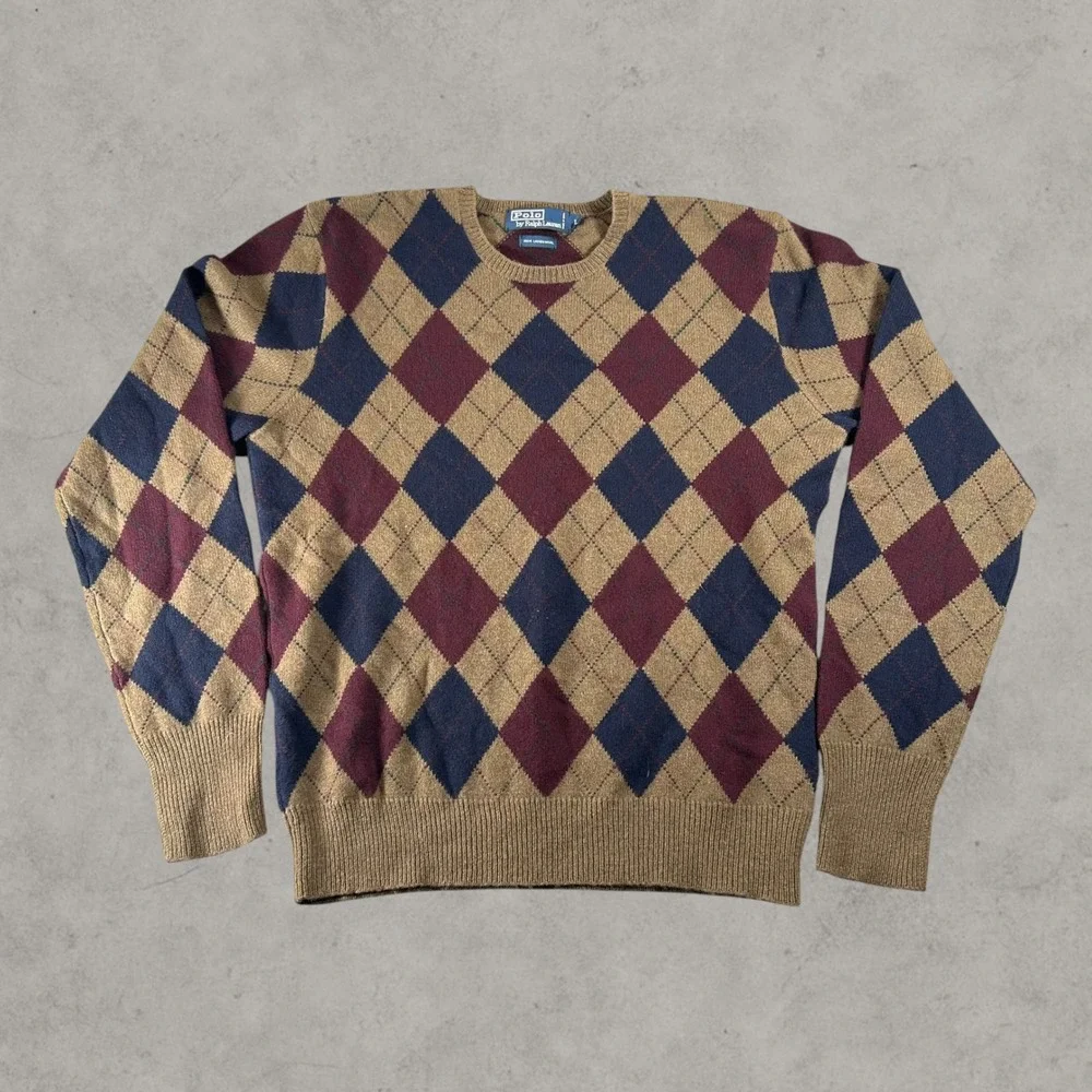 Polo Ralph Lauren Sweater Mens Large Tan Argyle Lambswool Crewneck Preppy Casual